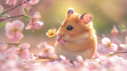 A cute hamster is sitting in a field of flowers. The hamster is surrounded by pink and white flowers. The hamster is eating a yellow flower. The hamster is very happy.