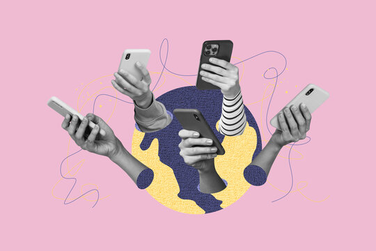 Creative image collage human hands holding smartphones digital era devices social network addicted users drawing background