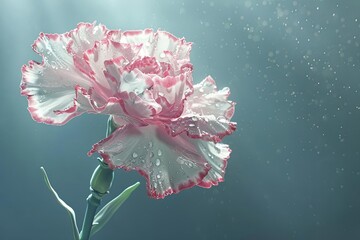A beautiful close-up of a pink and white carnation flower with water droplets on its petals. The flower is set against a soft, out-of-focus background.
