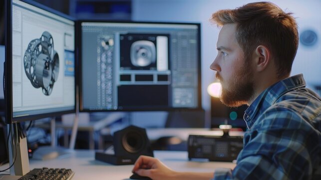 An industrial designer talks with a senior engineer while working on a program to design a new component.