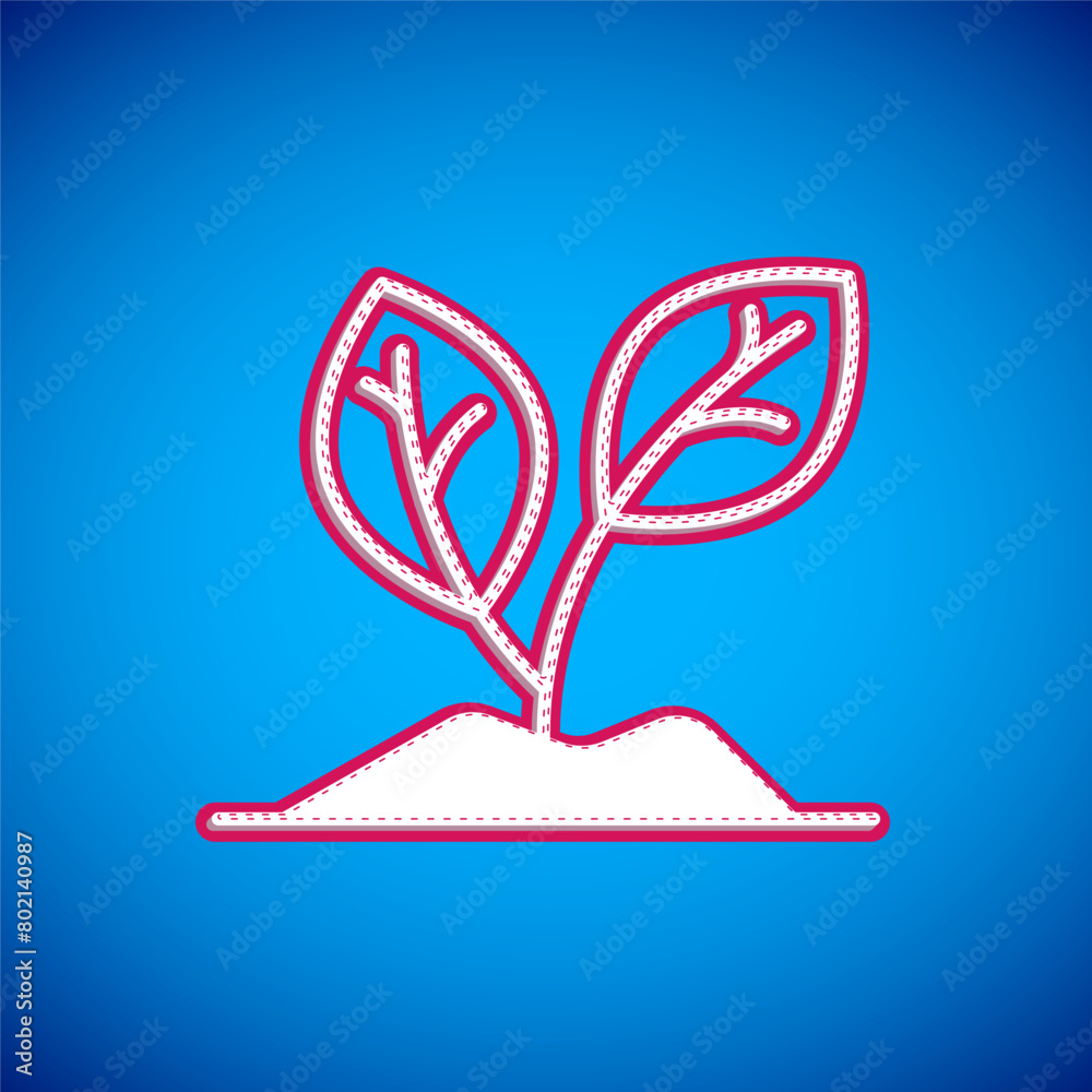 Poster White Sprout icon isolated on blue background. Seed and seedling. Leaves sign. Leaf nature. Vector