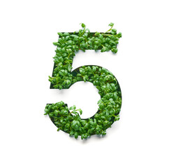 Number five is created from young green arugula sprouts on a white background.