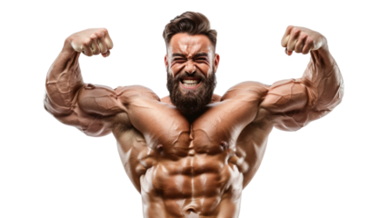 Muscular man showing muscles isolated on transparent background. Strong male naked torso abs.  Male flexing his muscles. Sport workout bodybuilding concept.
