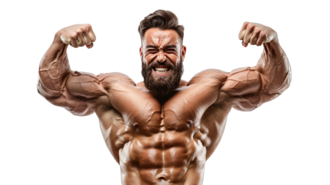 Muscular man showing muscles isolated on transparent background. Strong male naked torso abs.  Male flexing his muscles. Sport workout bodybuilding concept.
 - Powered by Adobe