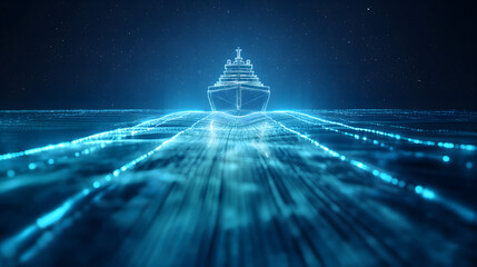 Futuristic Digital Ship Sailing in Virtual Reality Sea