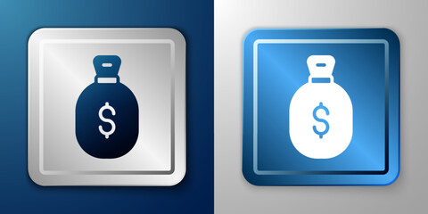 White Money bag icon isolated on blue and grey background. Dollar or USD symbol. Cash Banking currency sign. Silver and blue square button. Vector