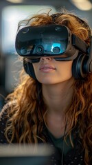 Female VR Software Engineer Programming Virtual Games and AR Solutions with VR Headset and Controllers in a Technical Research and Development Office