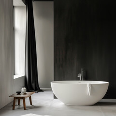 A white bathtub sits in a bathroom with a black curtain and a wooden bench. The room is simple and minimalistic, with a focus on the bathtub as the main feature