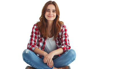 Portrait of a casual happy young woman sitting on the floor on transparent background.
