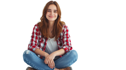 Portrait of a casual happy young woman sitting on the floor on transparent background.