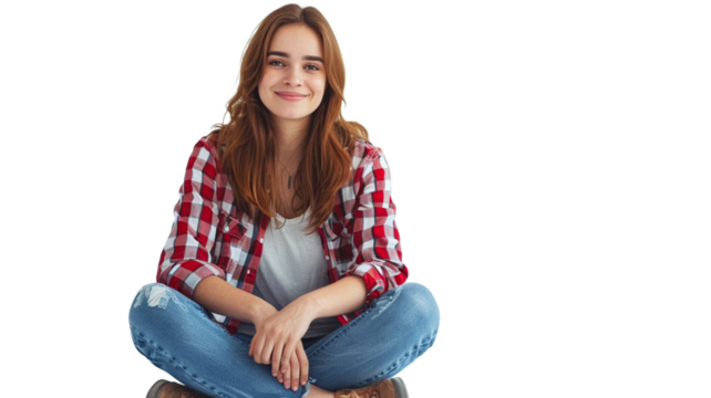 Portrait of a casual happy young woman sitting on the floor on transparent background.
