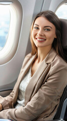 A woman is sitting in an airplane, smiling and looking out the window
