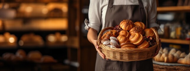 A female pastry chef holds a basket of fresh delicious buns. Banner, place for text - Powered by Adobe