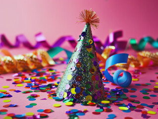 A festive party hat adorned with glitter and streamers, adding to the birthday spirit.