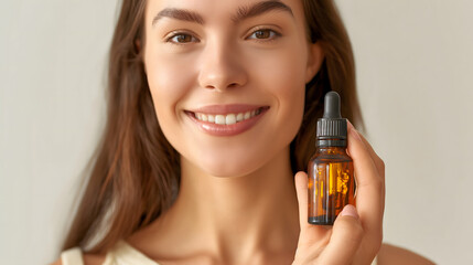 Young Woman with Radiant Skin Presenting Cosmetic Oil