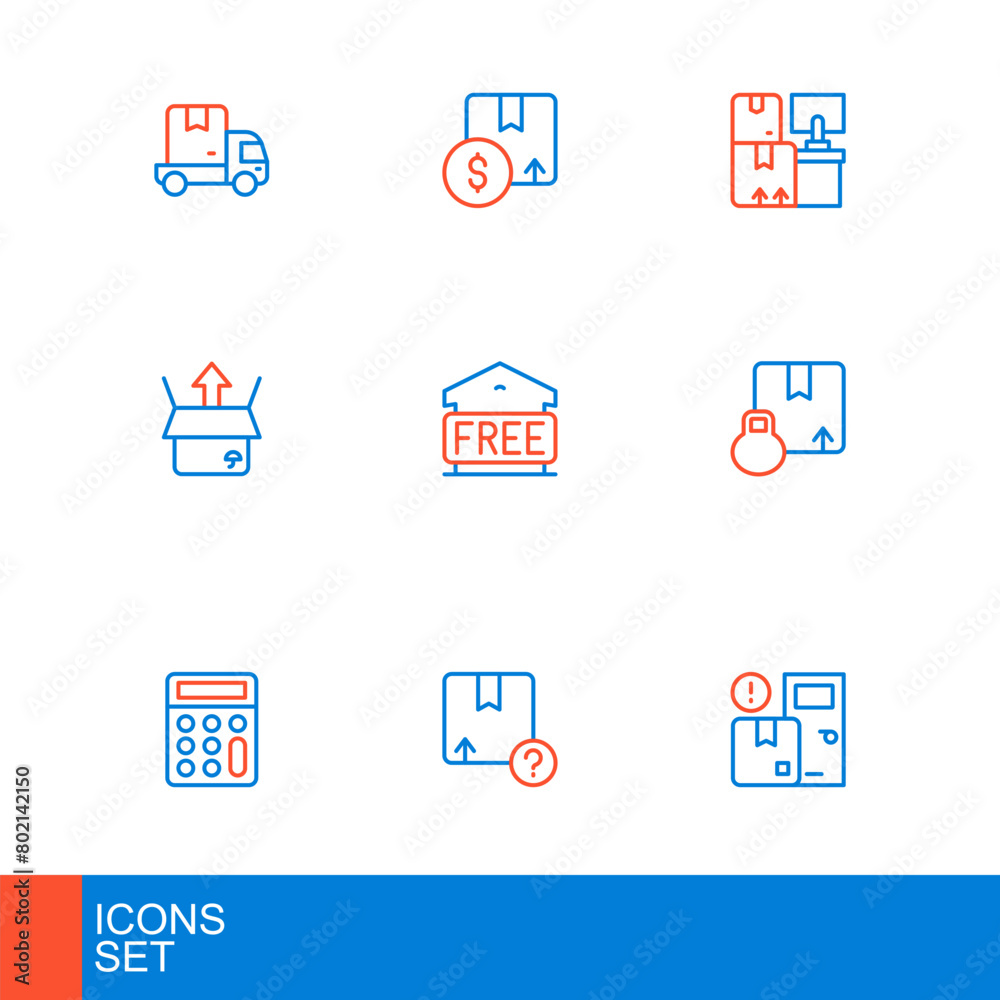 Poster Set line Home delivery services, Carton cardboard box, Calculator, Unboxing, Free storage, Warehouse with boxes and icon. Vector