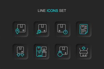 Set line Carton cardboard box, Warehouse with boxes, Cardboard traffic symbol, Waybill, Search package and Location icon. Vector