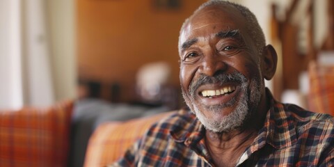 Smiling older black senior man, 70 year old afro american man, at home sitting on sofa
