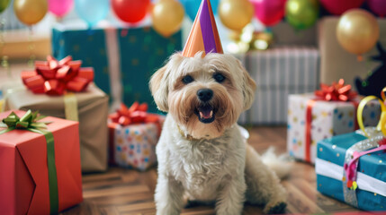 A happy dog wearing a birthday hat and sitting next to a pile of presents, eager to join in the...
