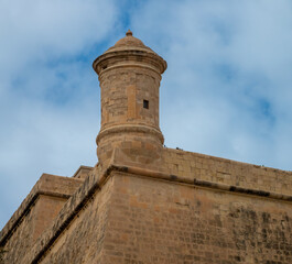 Watch tower in the old city walls of the fortified old town of Valletta (Il-Belt) the capital of...