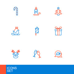 Set line Christmas Santa Claus hat, Glass of champagne, Reindeer, Gift box, santa claus sleigh, Firework rocket, tree and Burning candle icon. Vector