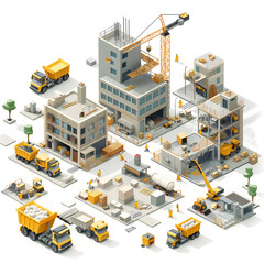 Naklejka premium Detailed Isometric Illustration of a Busy Construction Site