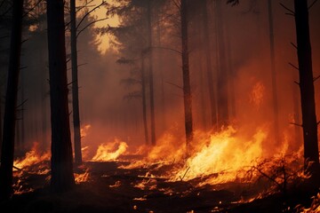 The flames of a forest fire spreading through the trees. Climate change and an increase in the number of weather disasters in the world.