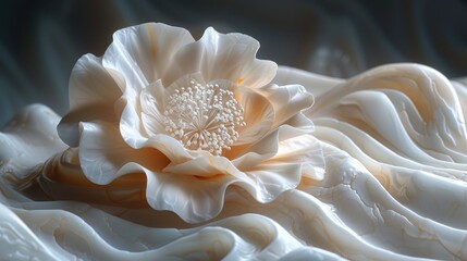 Cream Floral Sculpture with Marble Texture and Waves.