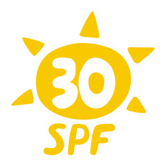 SPF 30. Sun protection. Hand drawn badge. Vector illustration on white background.
