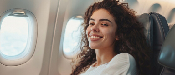 A woman with curly hair is smiling and sitting in an airplane seat