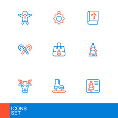Set line Christmas postcard, Skates, Reindeer, tree, Candy cane with stripes, shopping bag, Holy bible book and toy icon. Vector