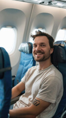 A man is smiling and sitting in an airplane seat