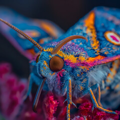 Stunning Macro Image of a Colorful Moth on a Flower Against a Dark Background