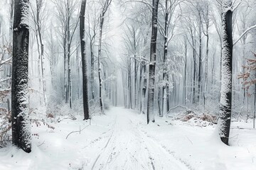 A panoramic view of a snow-covered forest path surrounded by numerous trees, creating a tranquil winter scene