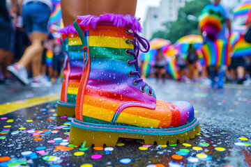 Fototapeta premium Rainbow shoes boots: Vibrant Images Celebrating Pride Month and Love's Triumph
