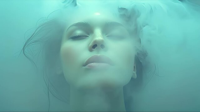 A young woman surrounded by clouds and smoke. Beauty concept. Created with Generative AI.