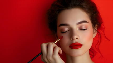 Elegant Beauty Makeup Application on a Model with Red Background