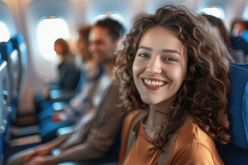 Obraz premium A woman with curly hair is smiling and sitting on an airplane