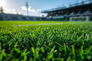 Lush green grass field in a European soccer stadium with clear view of the wellmaintained lawn and stadium structure