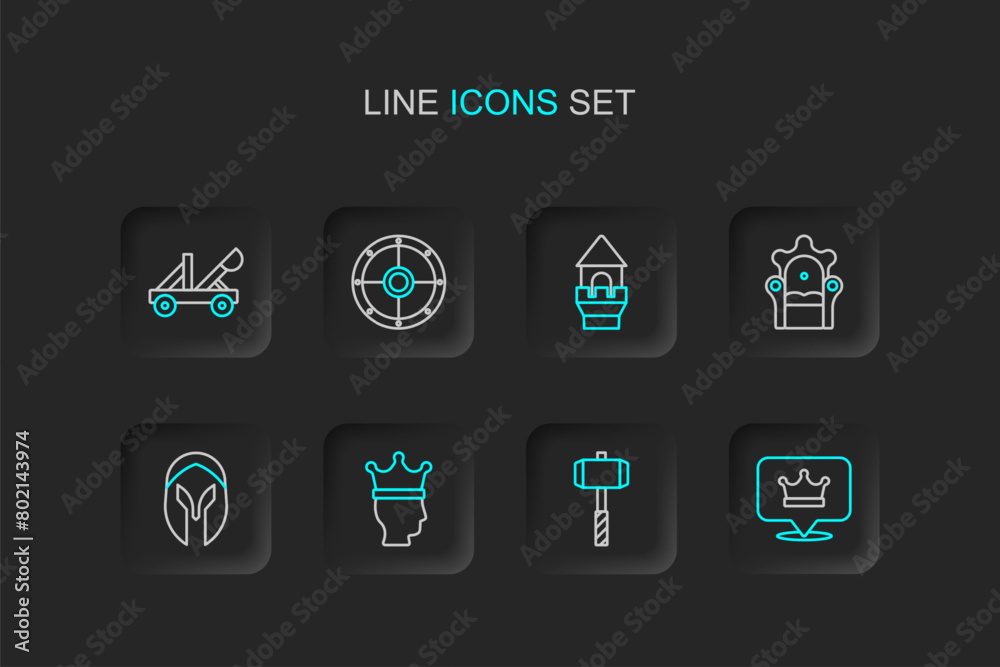 Sticker Set line King crown, Battle hammer, Medieval helmet, throne, Castle tower, Round shield and catapult icon. Vector