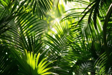 Detailed view of green palm leaves with sunlight creating patterns of light and shadow