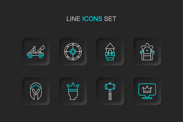 Set line King crown, Battle hammer, Medieval helmet, throne, Castle tower, Round shield and catapult icon. Vector - obrazy, fototapety, plakaty