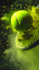 Dynamic Tennis Ball Impact on Racket with Green Powder Explosion