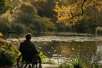 A man seated in a wheelchair gazes at a pond in a park, surrounded by nature and tranquility