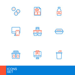 Set line Paper glass with water, Online ordering food, Coffee cup to go, Lunch box, Bottle and Restaurant cafe menu icon. Vector