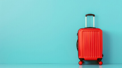 A red suitcase is sitting on a blue wall