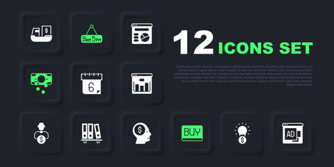 Set Light bulb with dollar, Advertising, Calendar, Buy button, Stacks paper money cash, Office folders, From 9 5 job and Business man planning mind icon. Vector