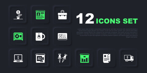 Set Resume, Armored truck, Cup of tea, Browser with stocks market, Safe, Advertising, and Push pin icon. Vector