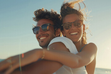 A man and woman are smiling and wearing sunglasses