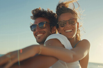 Obraz premium A man and woman are smiling and wearing sunglasses
